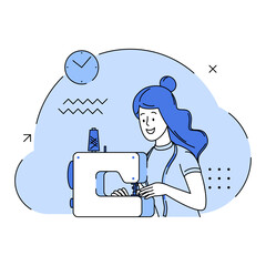 A woman seamstress works on a sewing machine. Female fashion designer at her workplace. Seamstress sewing on an industrial sewing machine. Fashion and tailoring concept. Flat illustration