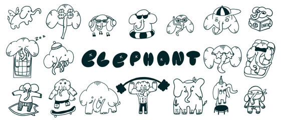 Elephants set in different situations. Vector illustration in outline doodle flat style isolated on white background.