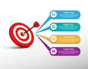 3d Arrow and dartboard with infographic. target step number. Business data chart, investment goal, marketing challenge, strategy presentation, achievement diagram. information vector template.