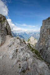 Beautiful nature. Mountain hiking Trail Road. Italy Malga Montasio Forca Disteis