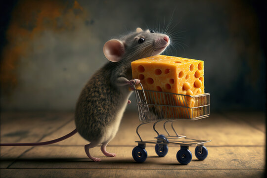 Cute mouse pushing a shopping cart trolley full of cheese created with Generative AI technology