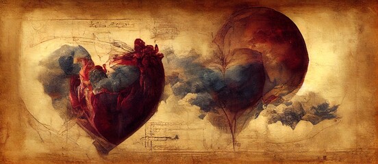 Valentine Heart Banner Painting in style of Leonardo da Vinci - Generative AI