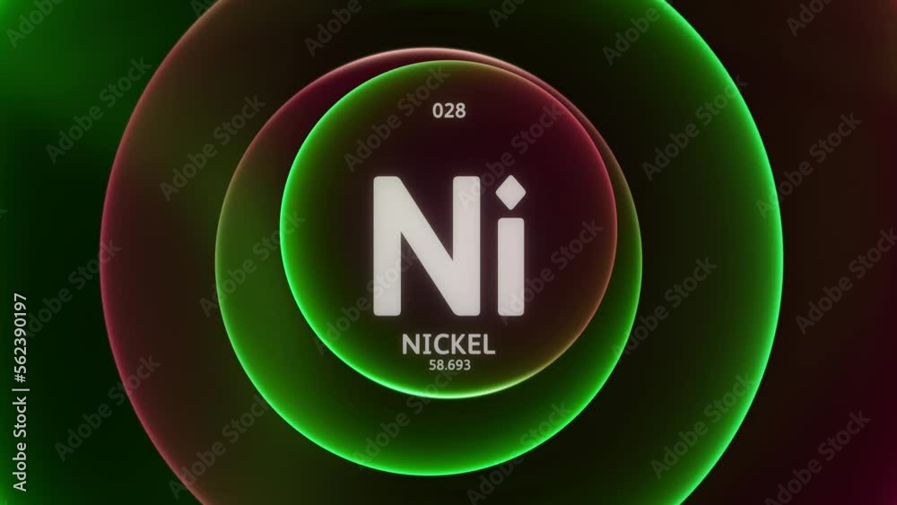 Poster nickel as element 28 of the periodic table. concept animation on abstract red green gradient rings s