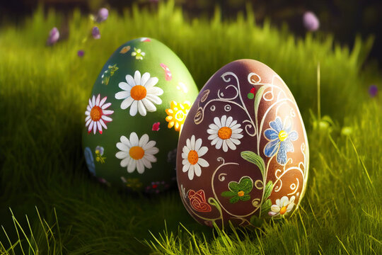 painted easter eggs in the grass - generative ai