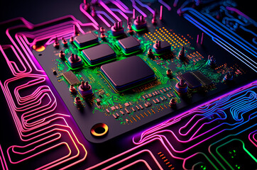 close up illustration of motherboard with chips and capacitors with neon colors, generative ai