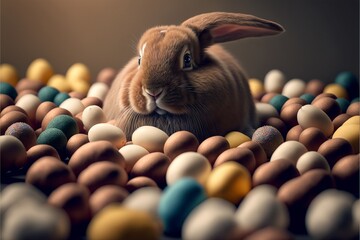 Easter bunny, basket and eggs created with generative AI technology