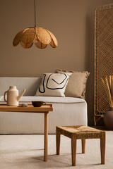 Aesthetics composition of living room interior with modular sofa, partition wall, wooden coffee...