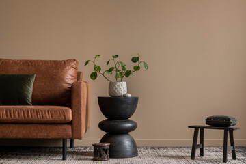 Interior design of living room interior with copy space, brown sofa, wooden coffee table, plant in flowerpot, black stool, gray pillow, patterned rug and personal accessories. Home decor. Template.