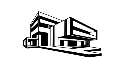 Flat roof house or commercial building in continuous line art drawing style. Modern architecture black linear sketch isolated on white background. Vector illustration
