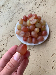 A woman's hand holds one berry of pink grapes with her fingers. On the back is a white plate of grapes against a concrete texture background.