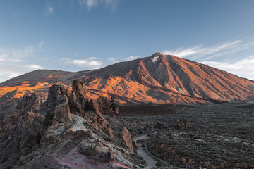 View of Teide volcano during sunrise from Roques de Garcia viewpoint in Teide National Park,...