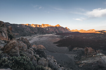 Rocky volcanic landscape during sunrise in Teide National Park, Tenerife.