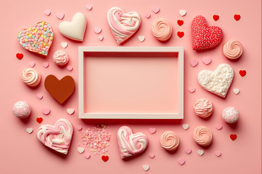 valentine's day theme photo frame, heart decoration, sweets.