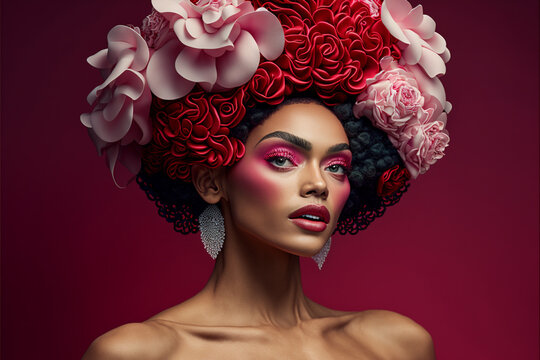 fotografia de revista de moda, visão de  uma majestosa mulher morena usando um capacete de rosas extravagante de alta moda