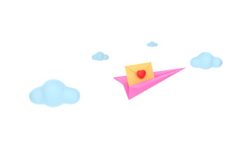 3D. Icon envelope letter, mail letter with red heart on paper plane.