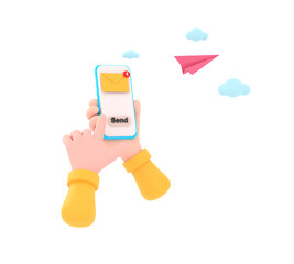 3D. hand holding the smartphone with e-mail application on screen and paper plane.