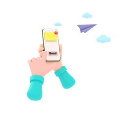 3D. hand holding the smartphone with e-mail application on screen and paper plane.