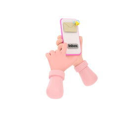 3D. hand holding the smartphone with e-mail application on screen.