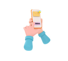 3D. hand holding the smartphone with e-mail application on screen.