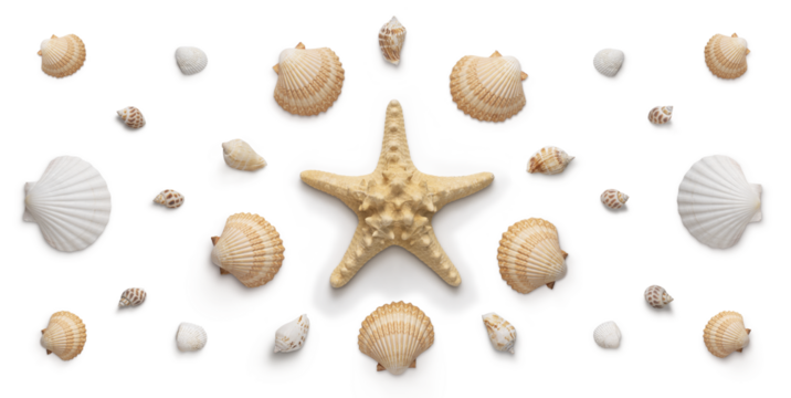 High angle, panoramic view of seashells and starfish cut out with shadows, without background