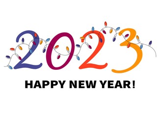 2023 Happy New Year minimalist illustration. Christmas lights, numbers