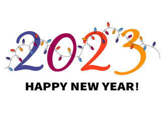 2023 Happy New Year minimalist illustration. Christmas lights, numbers