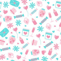 Valentine Day seamless pattern. Vector images of hearts, envelope, candy