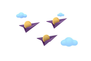 3D. paper airplane and coins with clouds cute. financial concept.