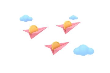 3D. paper airplane and coins with clouds cute. financial concept. - obrazy, fototapety, plakaty