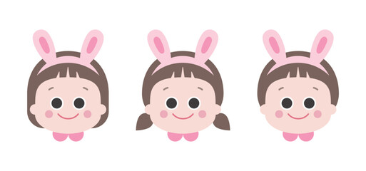 Set of cute children girl and boy face illustrations in 2023 wearing pink bunny headbands.