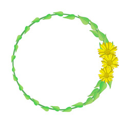 An elegant wreath of green leaves with three yellow marigold flowers.