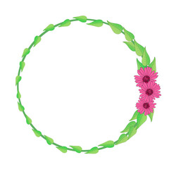 An elegant wreath of green leaves with three purple flowers.