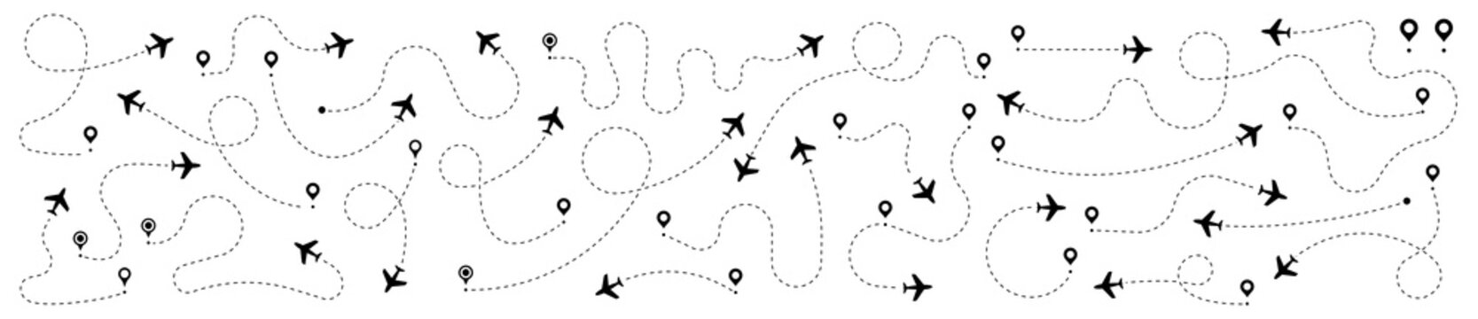 Airplane routes set. Plane route line. Planes dotted flight pathway. Plane paths. Aircraft tracking, planes, travel, map pins, location pins. Romantic travel, heart dashed line trace and plane routes.