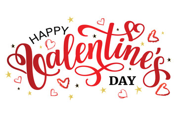 Happy Valentines Day red lettering design with hearts. Valentine calligraphy and heart in line on white background. Vector illustration.