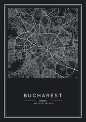 Black and white printable Bucharest city map, poster design, vector illistration.