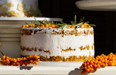 Freshly made cake with cream and berries on the table