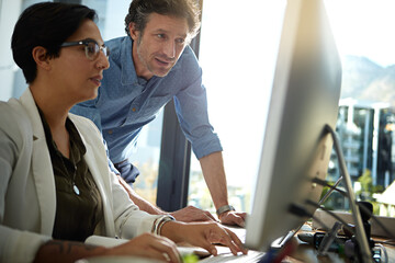 Big data, computer and communication of office worker people with web ux data. Work conversation,...
