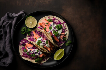 Horizontal overhead shot of salmon tacos with red cabbage salad, spicy yogurt sauce, and finely chopped parsley being served on a black plate at a dark wooden table. Generative AI