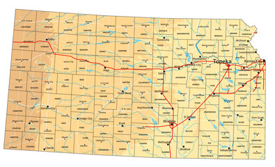 High detailed Kansas physical map with labeling.