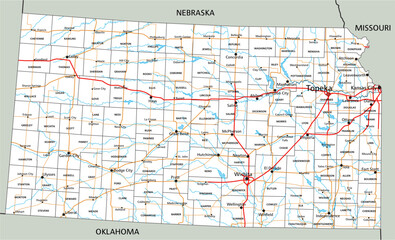 High detailed Kansas road map with labeling. - 562397181