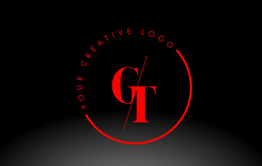 Red GT Serif Letter Logo Design with Creative Intersected Cut.
