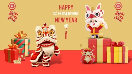 3d Chinese new year banner template with cute rabbit playing lion dance and there are a lot of present boxes. Promotional banner concept, sale banner concept.