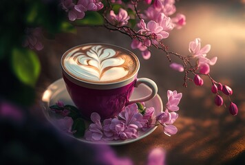 Obraz na płótnie Canvas beautiful cup of coffee with cherry blossom flowers , idea for spring season and national spring festival theme drink, idea for background or wallpaper