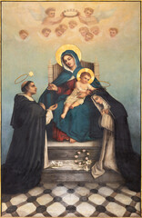 ANNECY, FRANCE - JULY 10, 2022:  The painting of  Madonna with the St. Dominic and Catherine of Siena in the church Eglise Saint Maurice by unknown artist.