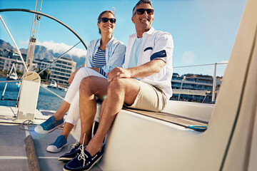 Relax, travel and luxury with couple on yacht for summer, love and sunset on Cape Town vacation...