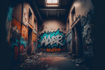 View of destroyed wall with graffiti in abandoned building, Generative Ai - obrazy, fototapety, plakaty