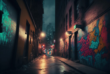 Dark street with colorful graffiti on the wall, Generative Ai