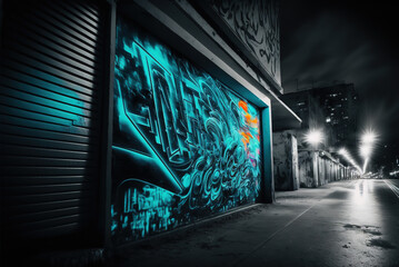 Colorful graffiti on the wall, monochrome closeup view of street by night, Generative Ai