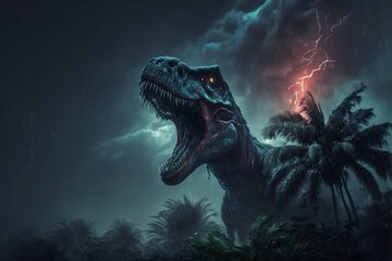 Tyrannosaurus rex dinosaur in a stormy night, tropical forest in the background
