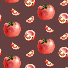 Seamless pattern of watercolor red tomatoes. Healthy food.